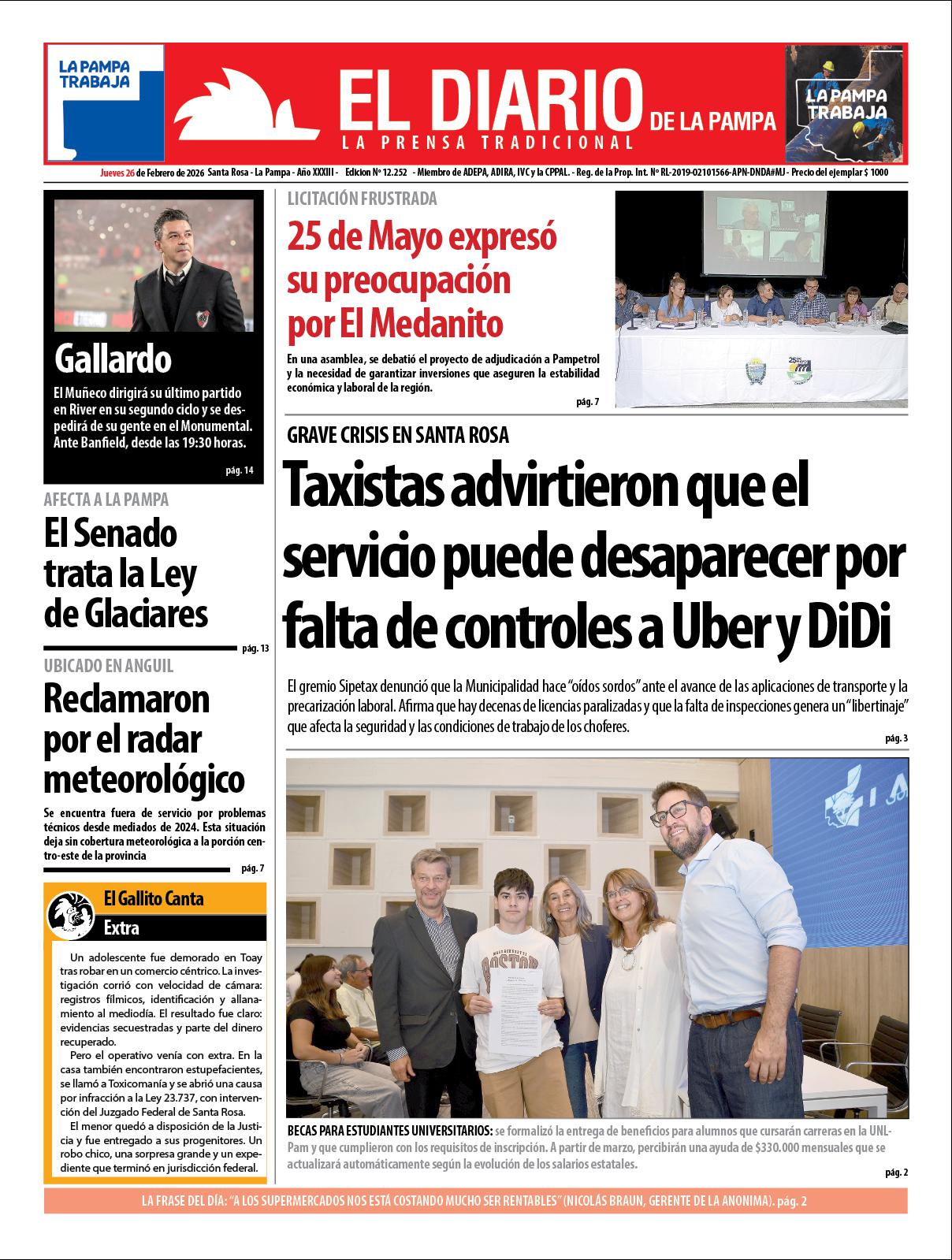 Tapa de El Diario en papel  jueves 26 de febrero de 2026